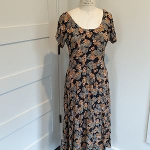 Vintage 1990s Black, Orange, and Sage Green Rayon Pull on Dress Floral Grunge